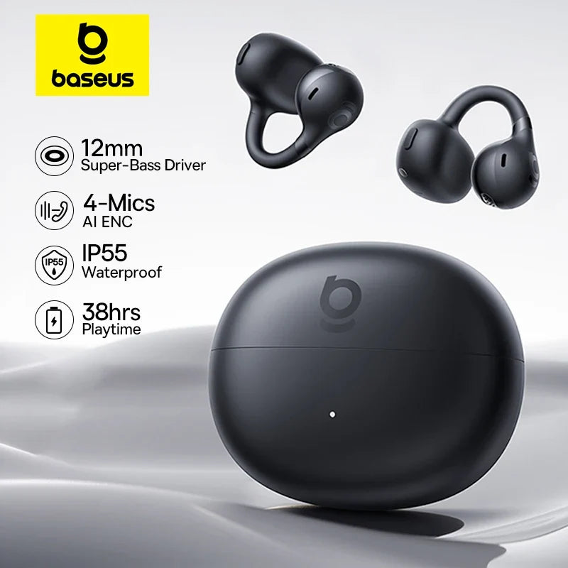 Baseus Bass BC1 Open Ear Earbuds Clip-On Headphones Open-Ring Comfort Clip Earphones Superbass 4-Mic Clear Calls Sports Earbuds
