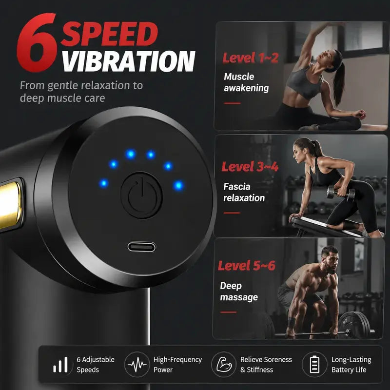 Multifunctional Body Massage Machine - Home Portable USB Rechargeable Massager, 6-Speed Adjustable Relaxing Fascia Gun, 4 Replaceable Heads, Ultra-Quiet Brushless Motor, for Muscle Recovery, Self Care Products, Gifts for Him, Multifunctional Bodymassage M