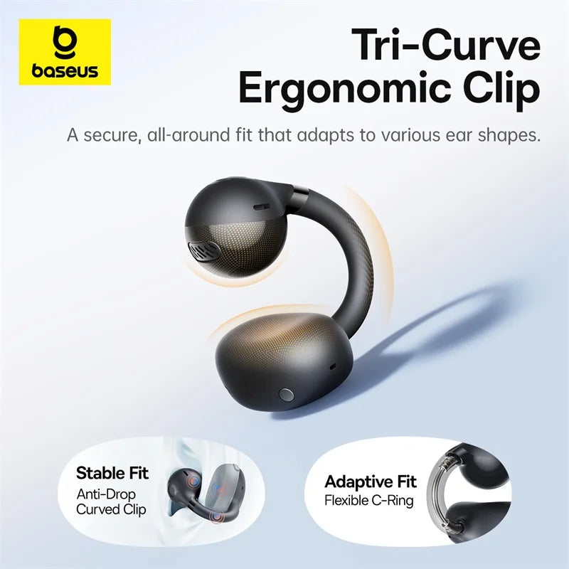 Baseus Bass BC1 Open Ear Earbuds Clip-On Headphones Open-Ring Comfort Clip Earphones Superbass 4-Mic Clear Calls Sports Earbuds