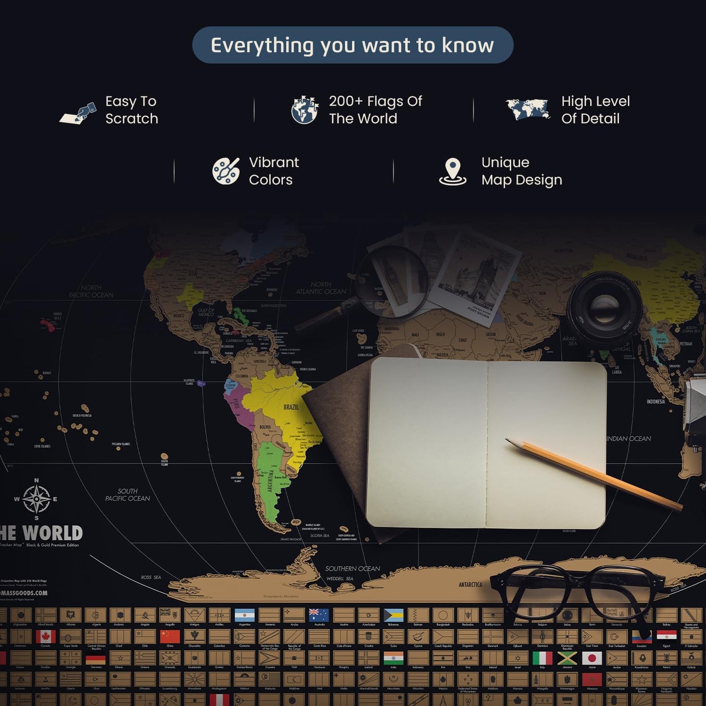 Scratch off World Map, Deluxe Travel Tracker Poster with Flags, Detailed Cartography, Gift Idea for Travelers, Map Lovers, Wall Art, Home or Office Decor, 17X24 Inches