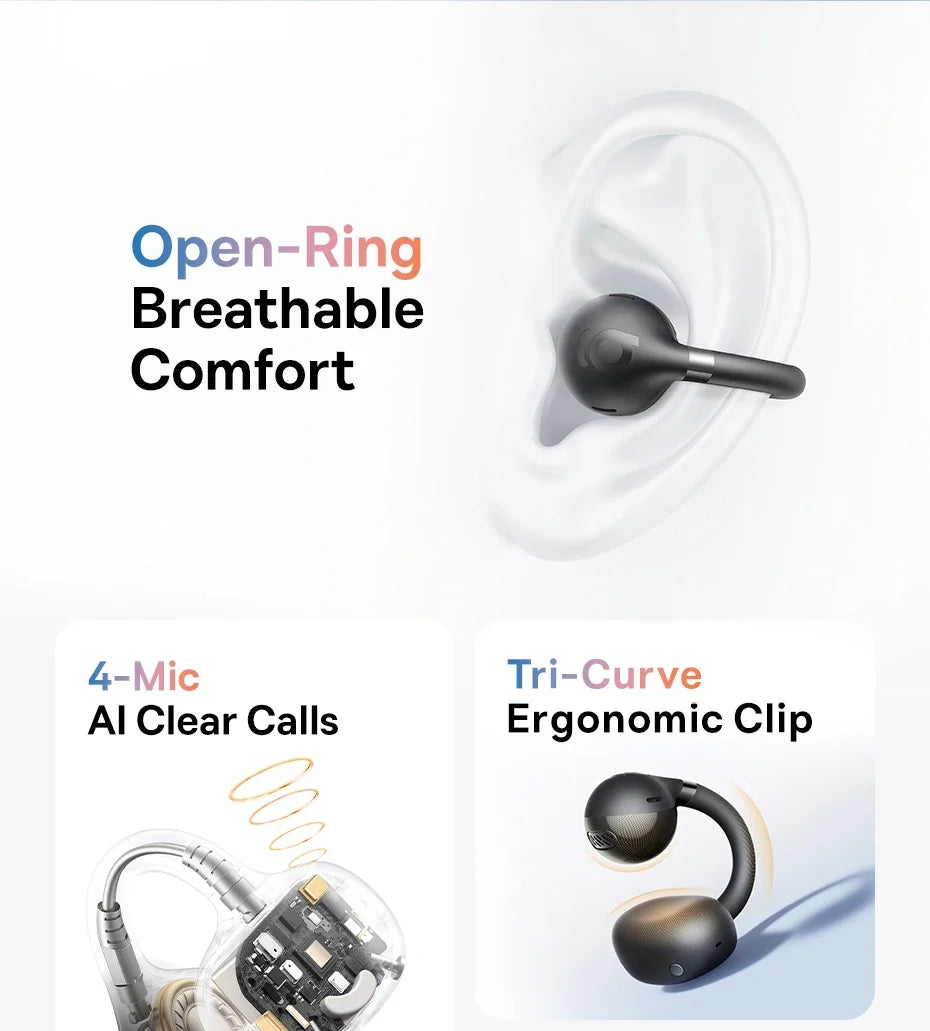 Baseus Bass BC1 Open Ear Earbuds Clip-On Headphones Open-Ring Comfort Clip Earphones Superbass 4-Mic Clear Calls Sports Earbuds