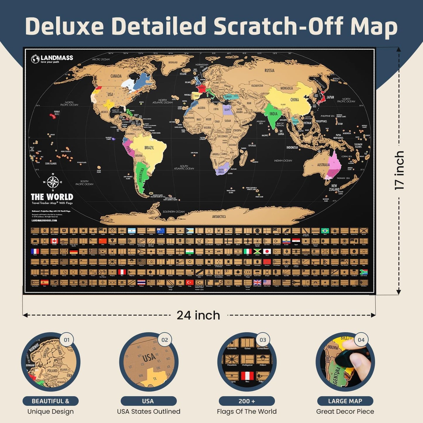 Scratch off World Map, Deluxe Travel Tracker Poster with Flags, Detailed Cartography, Gift Idea for Travelers, Map Lovers, Wall Art, Home or Office Decor, 17X24 Inches