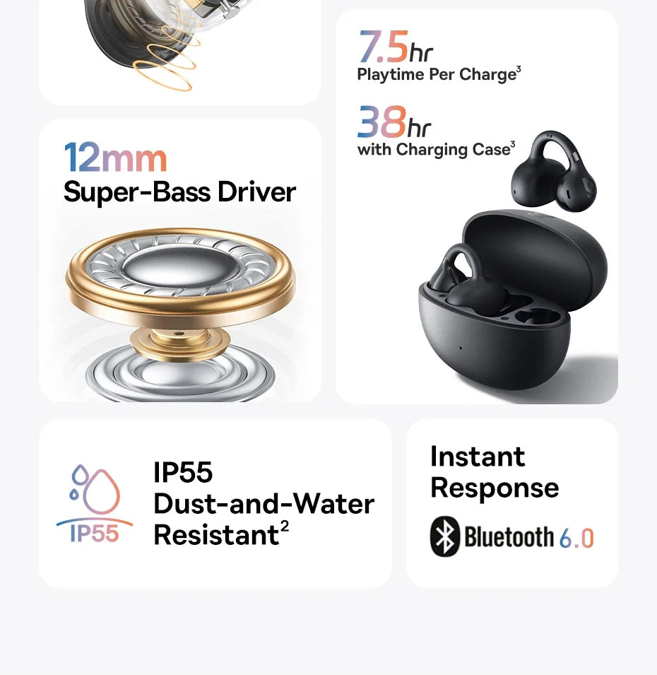 Baseus Bass BC1 Open Ear Earbuds Clip-On Headphones Open-Ring Comfort Clip Earphones Superbass 4-Mic Clear Calls Sports Earbuds