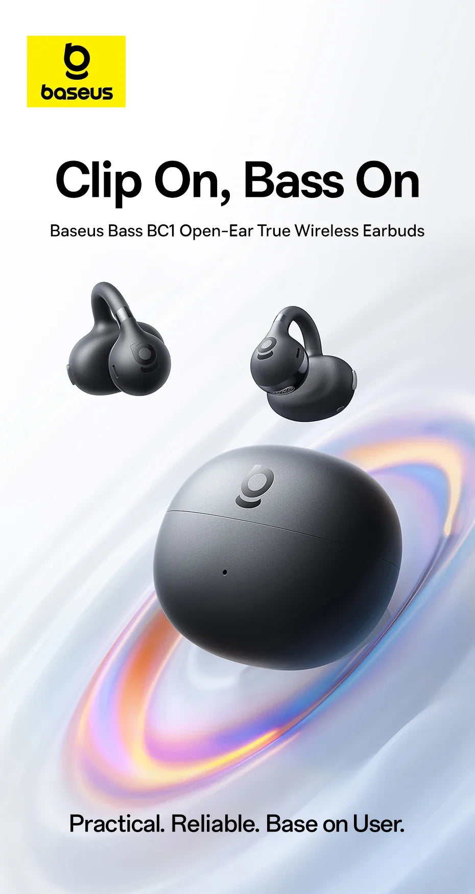 Baseus Bass BC1 Open Ear Earbuds Clip-On Headphones Open-Ring Comfort Clip Earphones Superbass 4-Mic Clear Calls Sports Earbuds