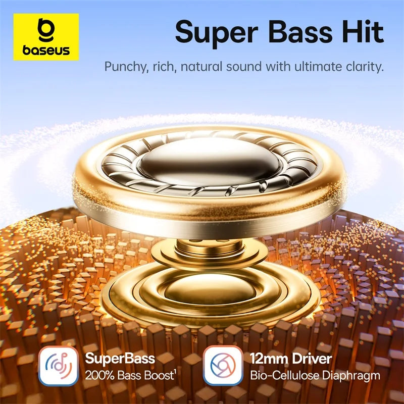 Baseus Bass BC1 Open Ear Earbuds Clip-On Headphones Open-Ring Comfort Clip Earphones Superbass 4-Mic Clear Calls Sports Earbuds