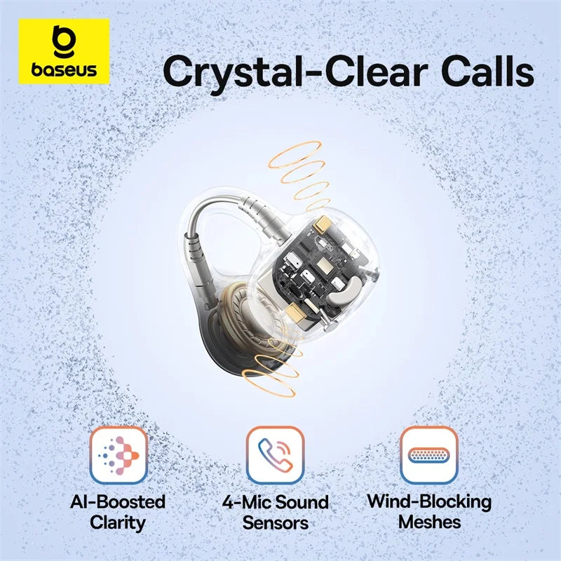 Baseus Bass BC1 Open Ear Earbuds Clip-On Headphones Open-Ring Comfort Clip Earphones Superbass 4-Mic Clear Calls Sports Earbuds